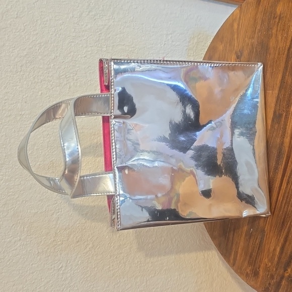 Victoria's Secret Silver Metallic SMALL tote Bag RED satin interior Mod & Sassy! - Picture 4 of 12
